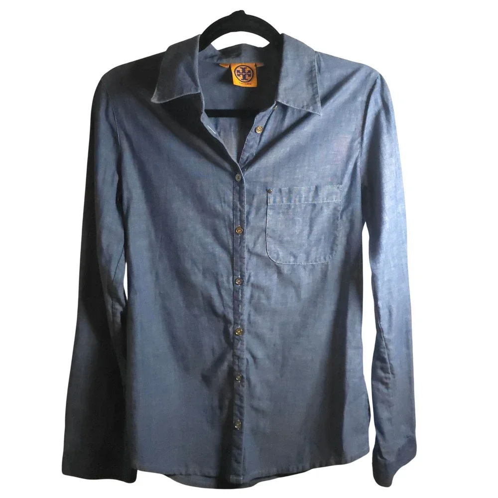 Tory Burch Chambray Button Front Shirt Women's 6 Polished Boho‎ Gold Buttons